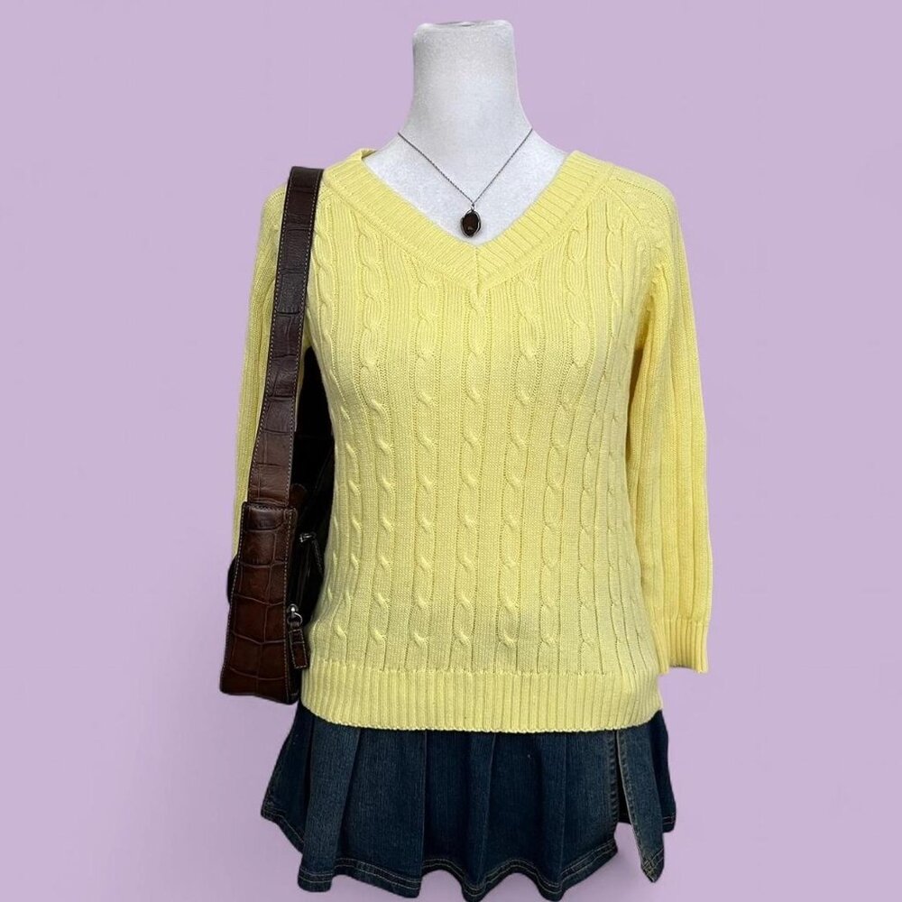 y2k yellow preppy girly cable knit 3/4 sleeve sweater